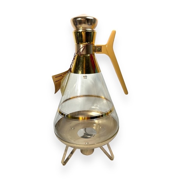 Vtg Mid-Century INLAND Glass Carafe‎ & Warmer 22k Gold Trim Coffee Pot Cork Lid - Picture 2 of 13